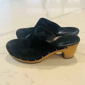 Ugg Clogs Women's Abbie Wooden Mule Shoes Black Suede Leather Heel Size 8
